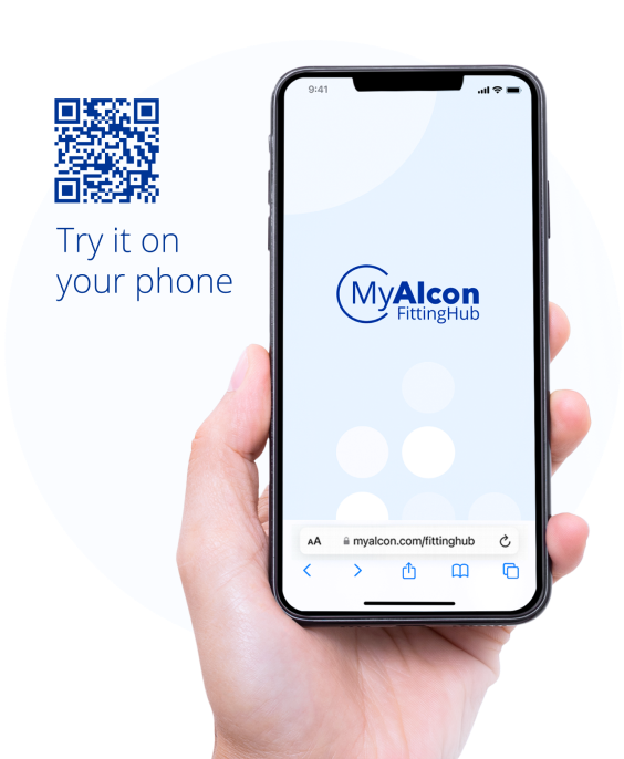 MyAlcon Fitting Hub on a Cell Phone with a QR Code