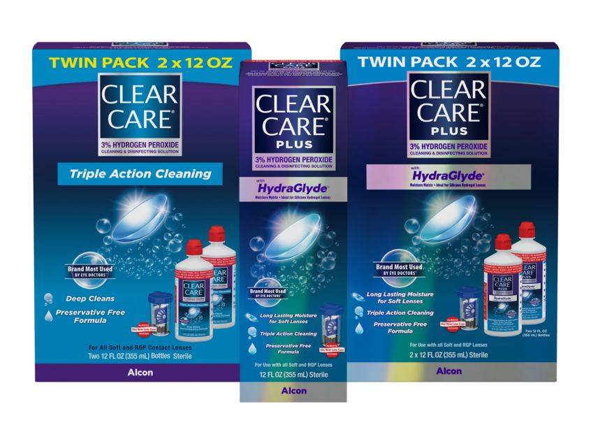 Three Clear Care contact lens solutions product boxes. Twin pack 2 x 12 oz product boxes for Clear Care and Clear Care Plus with HydraGlyde and Clear Care Plus with HydaGlyde single bottle box.