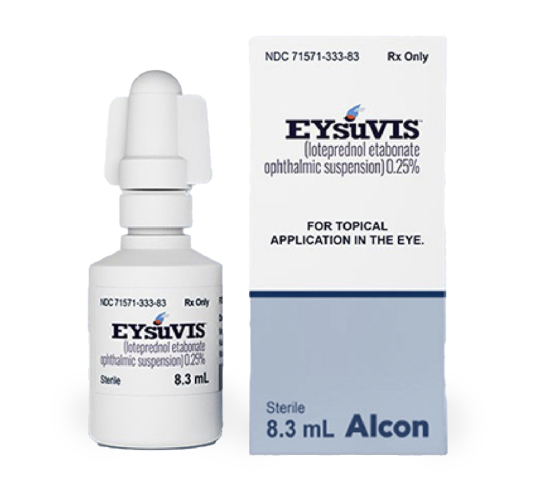 Eysuvis 8.3 mL eye drops (loteprednol etabonate ophthalmic suspension 0.25%) for dry eye treatment, shown with packaging.