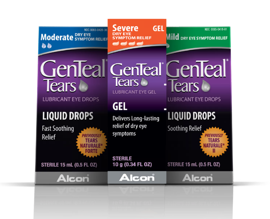 Product box shots for GenTeal Tears Moderate Dry Eye Symptom Relief Eye Drops, Severe Dry Eye Symptom Relief Gel, and Mild Dry Eye Symptom Relief Eye Drops by Alcon