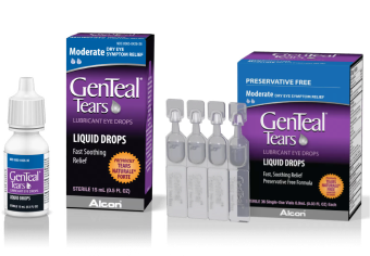 Product packaging, multi-dose bottle, and single dose vials for GenTeal Tears Moderate Dry Eye Symptom Relief Lubricant Eye Drops by Alcon