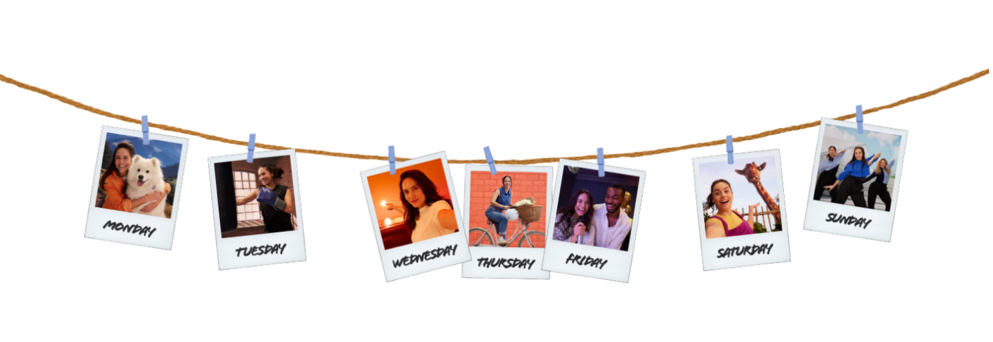 A series of polaroid photos on a clothesline string with differerent people doing different activites every day of the week, Monday to Sunday.