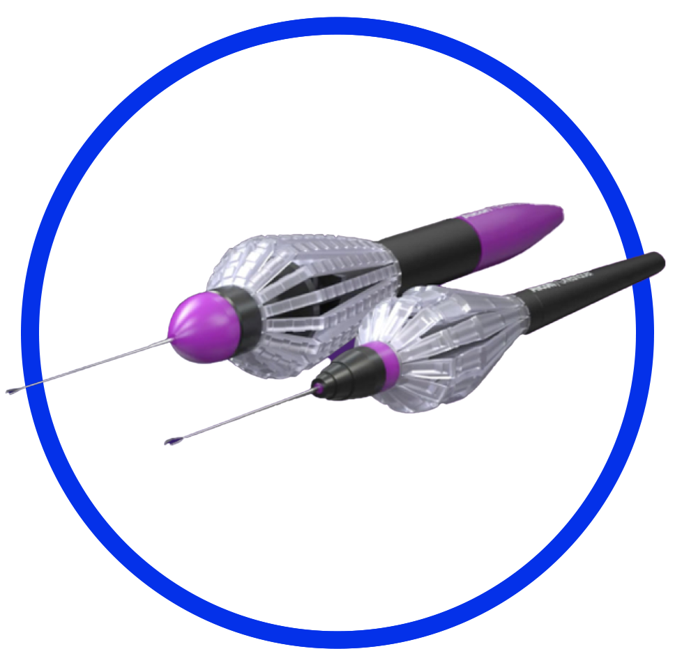 An image of the FINESSE REFLEX Handle next to an image of the FINESSE SHARKSKIN ILM Forceps. The two devices are side by side and appear on a white background inside a blue circle.