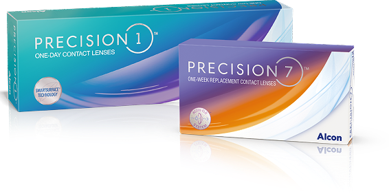 Boxes of Alcon contact lenses featuring PRECISION1 one-day lenses and new PRECISION7 one-week replacement lenses, displayed side by side
