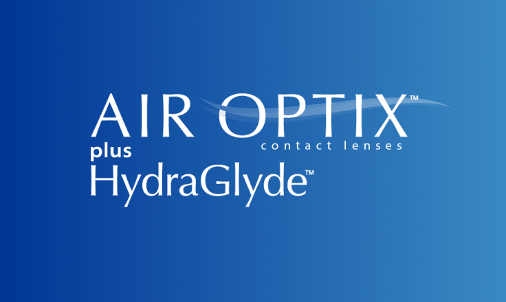 Official logo for Air Optix plus HydraGlyde monthly contact lenses set on light blue background