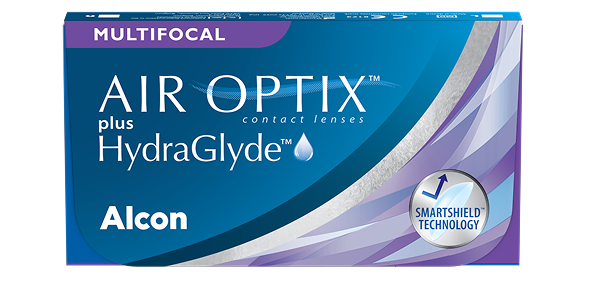 product box for Air Optix plus HydraGlyde Multifocal monthly contact lenses by Alcon