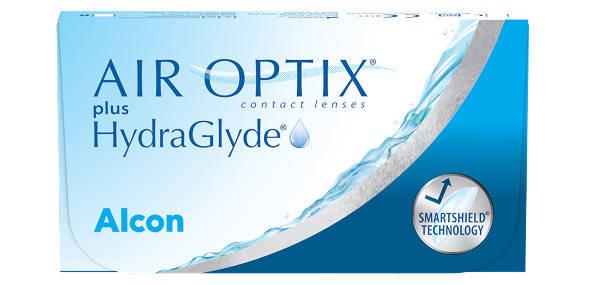 product box for Air Optix plus HydraGlyde monthly contact lenses by Alcon