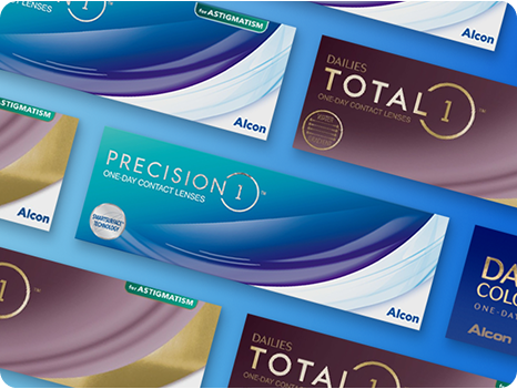 A collection of Alcon contact lens packaging, including Precision1, Dailies Colors and Dailies Total1