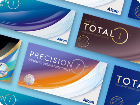 A collection of Alcon contact lens packaging, including Precision1, Precision7, and Dailies Total1