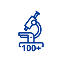 Blue microscope icon on a white circular background
