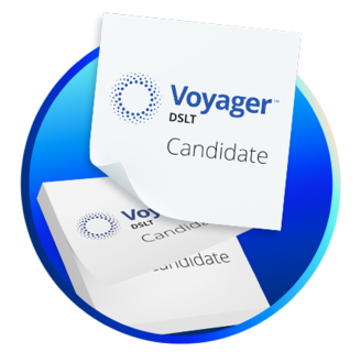 Stack of Voyager DSLT candidate cards with the Voyager logo, used to identify suitable patients