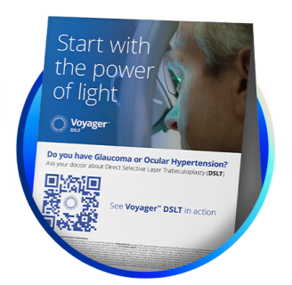 Voyager DSLT flyer featuring the message 'Start with the power of light,' with a patient undergoing eye treatment and a QR code linking to a video demonstration