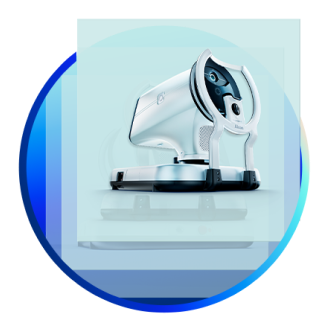 Stacked images of the Alcon Voyager DSLT glaucoma laser device, emphasizing the device's compact design and front-facing treatment interface