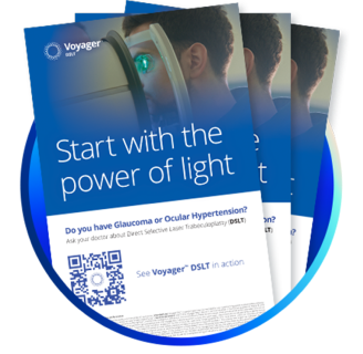 Stack of Voyager DSLT brochures with the headline 'Start with the power of light,' showing a patient receiving eye treatment and a QR code linking to more information