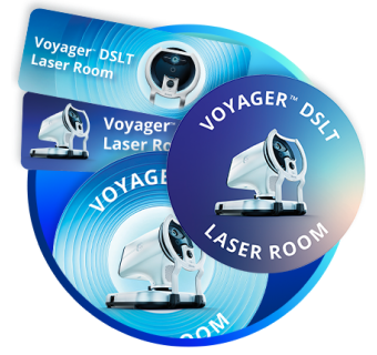 Assorted Voyager DSLT Laser Room door signs and decals featuring the device image and circular blue gradient designs