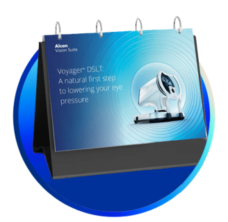 Alcon Vision Suite flip chart with Voyager DSLT promotional page reading 'A natural first step to lowering your eye pressure,' featuring an image of the device