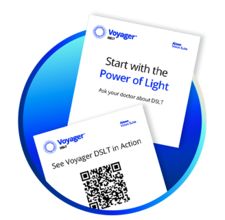 Promotional cards for Voyager DSLT featuring the phrases 'Start with the Power of Light' and 'See Voyager DSLT in Action' with a QR code for video access