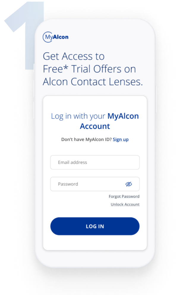 Mobile screen displaying the MyAlcon login page with a prompt to access free trial offers on Alcon contact lenses, including fields for email and password.
