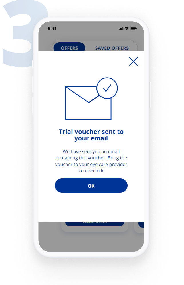 Mobile screen showing a confirmation message that a trial voucher has been sent via email, with instructions to bring it to an eye care provider.