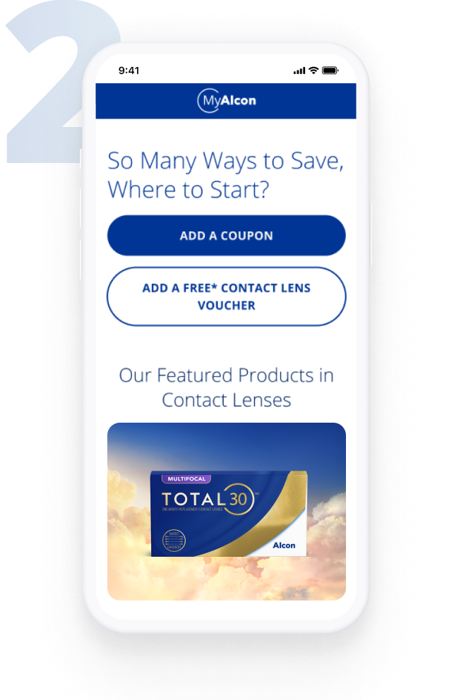 Mobile screen displaying the MyAlcon savings page with options to add a coupon or a free contact lens voucher, and a featured product image of TOTAL30 Multifocal monthly contact lenses.