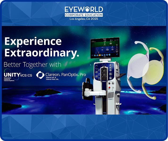 Promotional graphic for EyeWorld Corporate Education in Los Angeles, CA 2025. Text reads 'Experience Extraordinary. Better Together with Unity VCS/ICS, Clareon, and PanOptix Pro.' The image features an advanced ophthalmic surgical system with a digital display and intraocular lenses, set against a backdrop of the Northern Lights over water.