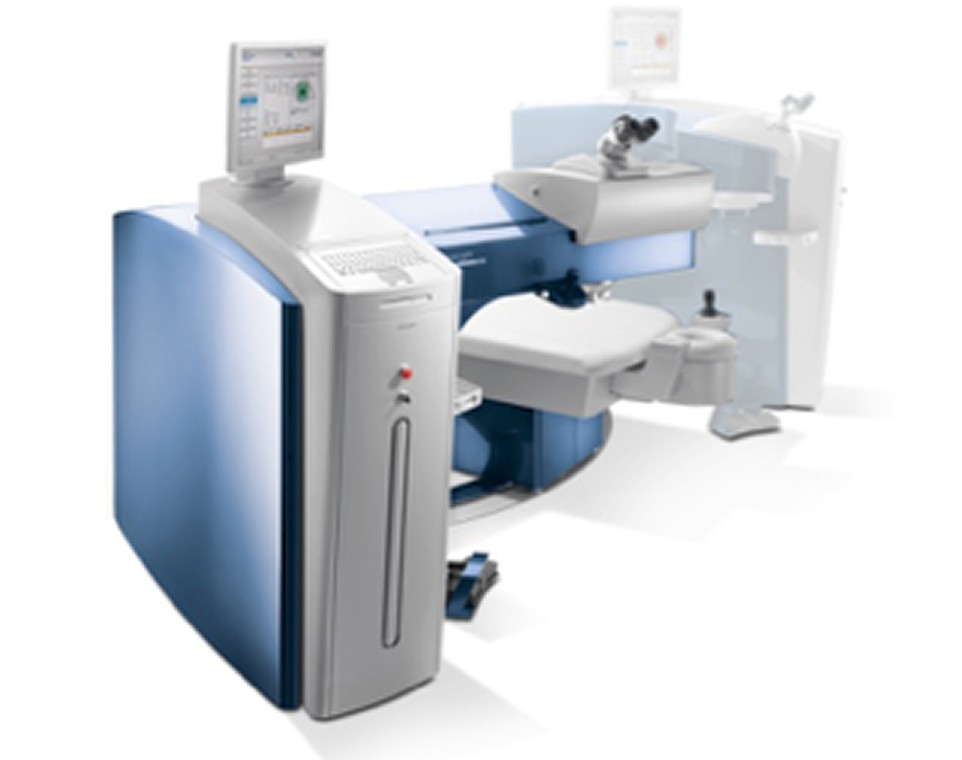 Wavelight FS200 Femtosecond Laser system with patient bed, overhead microscope, and computer display