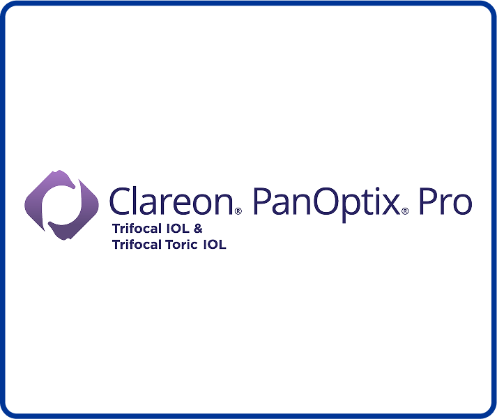 Logo for Clareon®️ PanOptix®️ Pro, featuring a purple abstract icon of an IOL on the left. The text includes “Clareon. PanOptix. Pro” in purple and blue, with a subheading that reads “Trifocal IOL & Trifocal Toric IOL.”