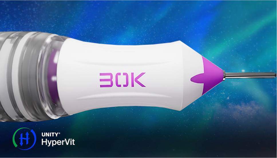 Close-up of the UNITY HyperVit 30K surgical probe with a white and purple handle, shown against a blue and green aurora background