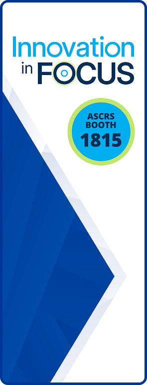 Vertical banner with the text “Innovation in Focus” and a circular badge reading “ASCRS Booth 1815.”
