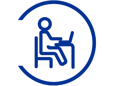 icon of a person sitting at a desk using a laptop, enclosed in a partially open circle