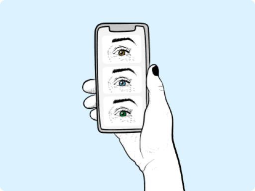 Illustration of a hand holding a smartphone displaying three different eye colors—brown, blue, and green—demonstrating a virtual try-on feature for color contact lenses.