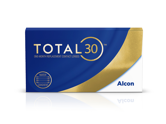 product boxes for Total30 sphere, multifocal, and for Astigmatism monthly contact lenses by Alcon
