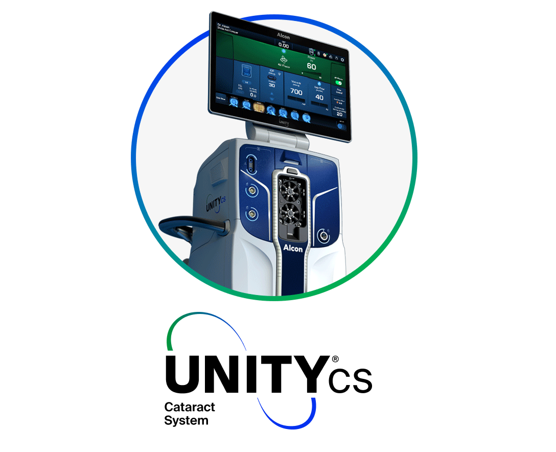 Alcon UNITY CS surgical system with a large display screen showing cataract surgery settings