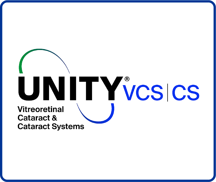 Logo for UNITY VCS | CS, featuring the words “Vitreoretinal Cataract & Cataract Systems” beneath. The word “UNITY” is bold, black, and intersected by a curved green and blue line, while “vcs | cs” appears in blue to the right.