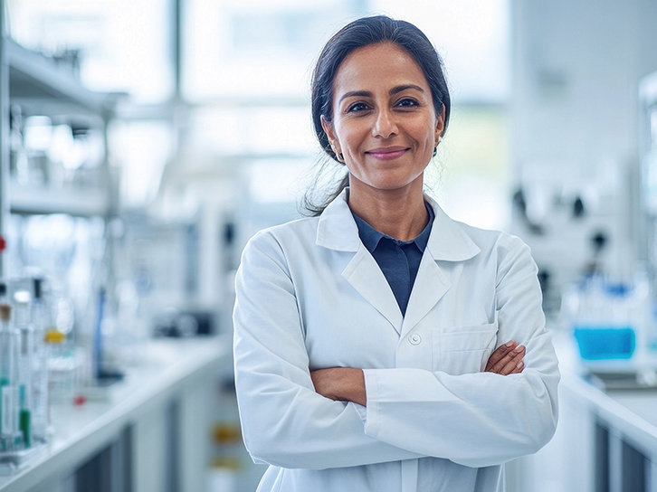 A woman with long brown hair is smiling at the camera while wearing a white lab coat and is surrounded by lab equipment.