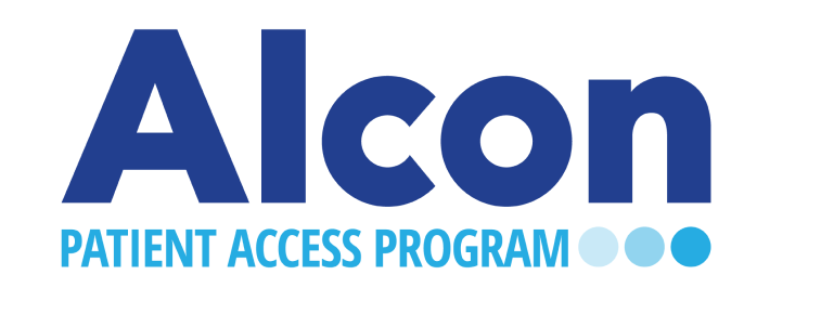 Alcon Patient Access Program logo featuring the word ‘Alcon’ in bold blue lettering above the text ‘Patient Access Program’ with three blue gradient dots.