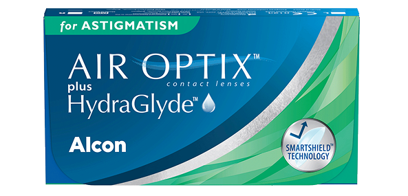 product box for Air Optix plus HydraGlyde for Astigmatism monthly toric contact lenses by Alcon