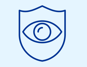 A simple blue line-art icon of a shield with an eye in the center.