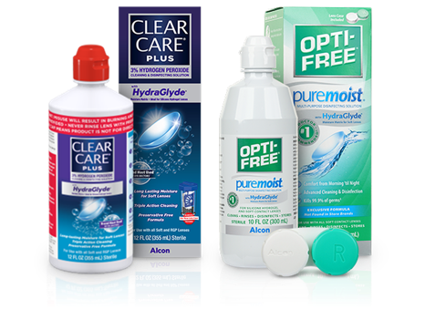 product bottle and box for Clear Care Plus and Opti-free Puremoist contact lens solution by Alcon