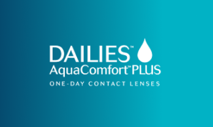 Official logo for Dailies AquaComfort Plus daily contact lenses set on teal background
