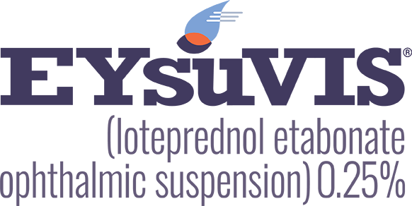 Logo displaying the word ‘EYSUVIS’ with a stylized blue and orange droplet design above the first letters. Beneath the logo is the text ‘(loteprednol etabonate ophthalmic suspension) 0.25%.