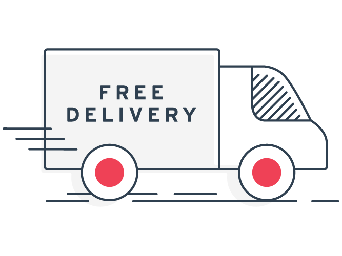 Illustration of a delivery truck with the words ‘FREE DELIVERY’ on the side and motion lines indicating movement.