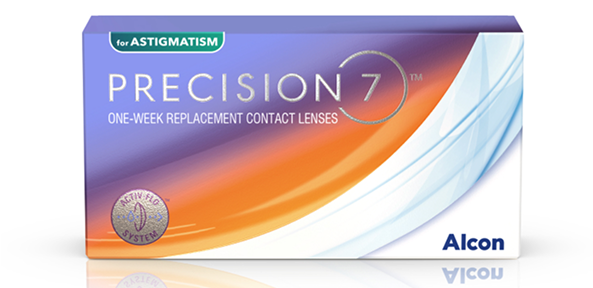 product box for Precision7 for Astigmatism one-week replacement contact lenses by Alcon