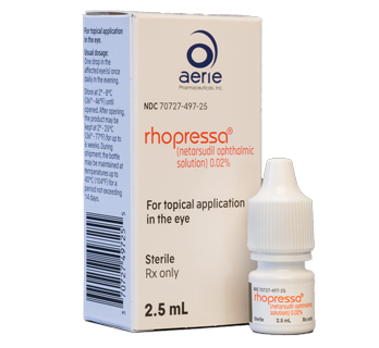 Rhopressa 2.5 mL eye drops (netarsudil ophthalmic solution 0.02%) for topical eye application, shown with white packaging.