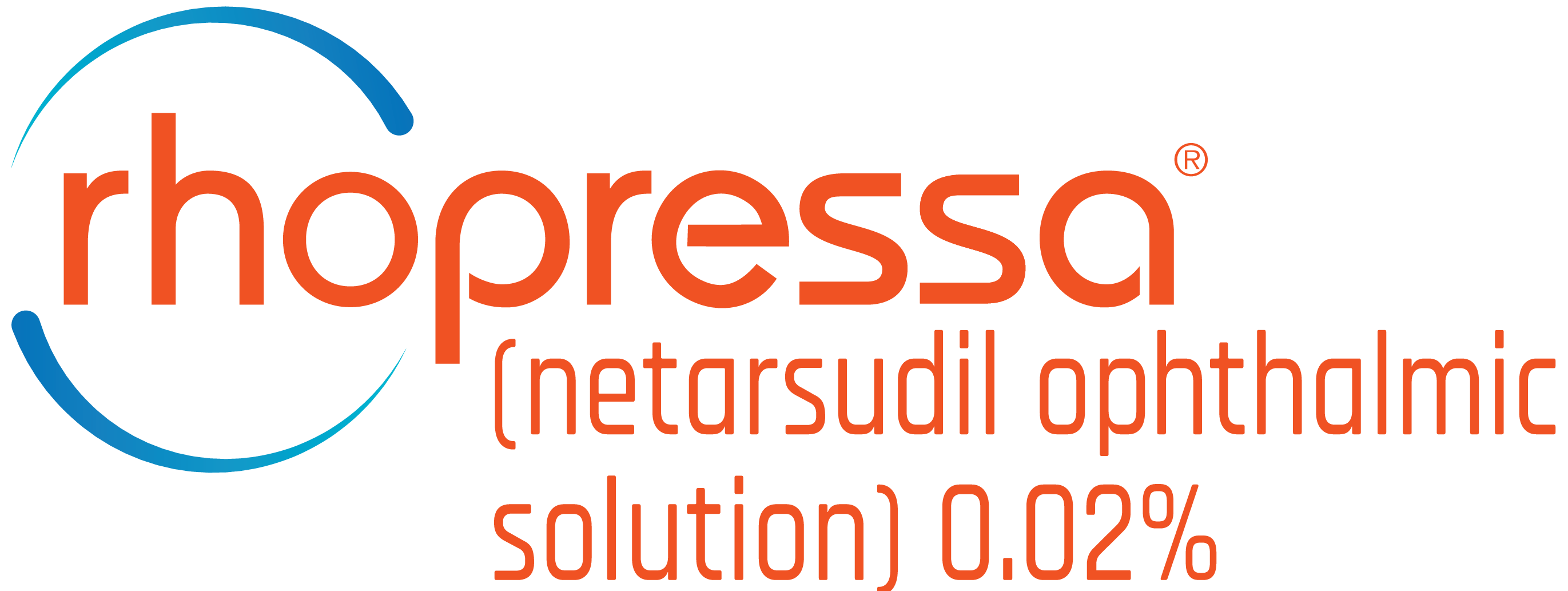 Logo displaying the word ‘rhopressa’ in orange lowercase letters, framed on the left and right by partial blue circular swooshes. Beneath the logo is the text ‘(netarsudil ophthalmic solution) 0.02%.