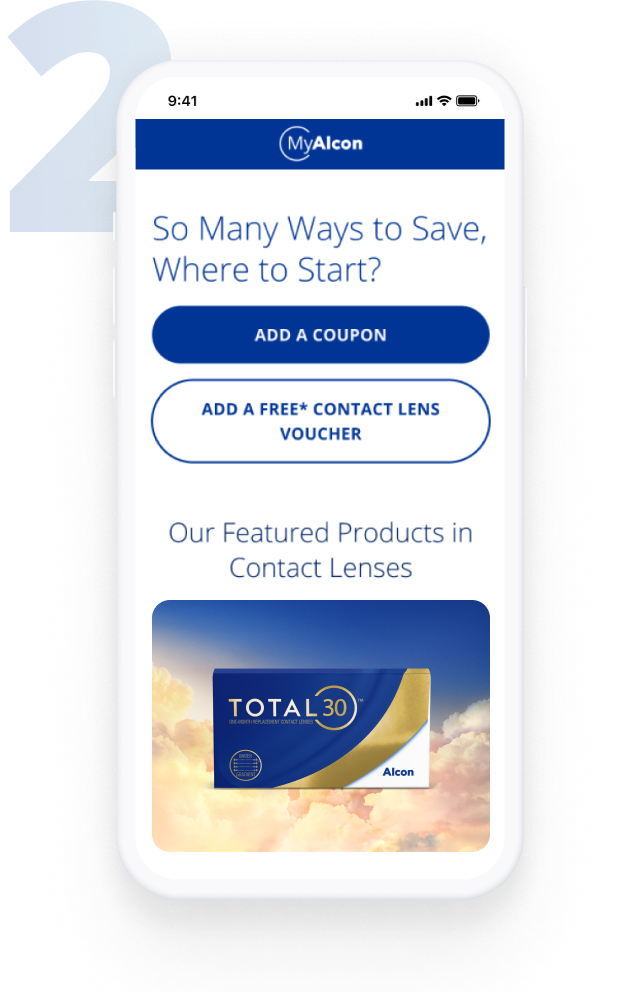 Mobile screen displaying the MyAlcon savings page with options to add a coupon or a free contact lens voucher, and a featured product image of TOTAL30 monthly contact lenses.
