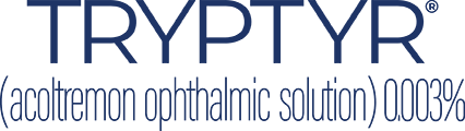 Logo displaying the word ‘TRYPTOYR’ with the text ‘(acoltemnon ophthalmic solution) 0.003%’ beneath it in a narrow blue font.