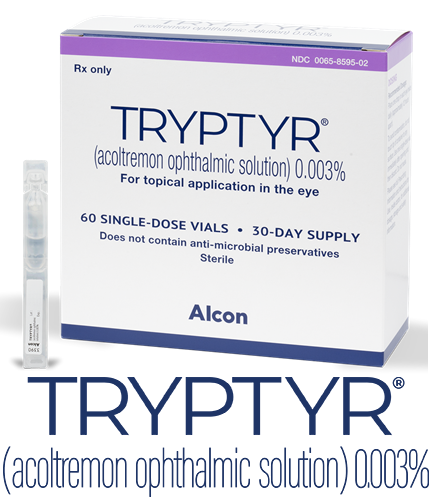 Image of a TRYPTYR carton and a single-dose vial. The carton displays the name TRYPTYR (acoltremon ophthalmic solution) 0.003%, labeled for topical use in the eye. The packaging notes a 60 single‑dose vial, 30‑day supply, sterile, and preservative-free product. The Alcon logo appears at the bottom.