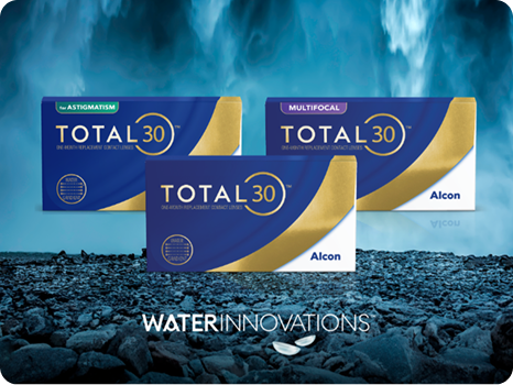 "Three boxes of Alcon TOTAL30 monthly contact lenses—standard, for astigmatism, and multifocal—displayed with a blue and gold design over a water-themed background with the words 'Water Innovations' below. "